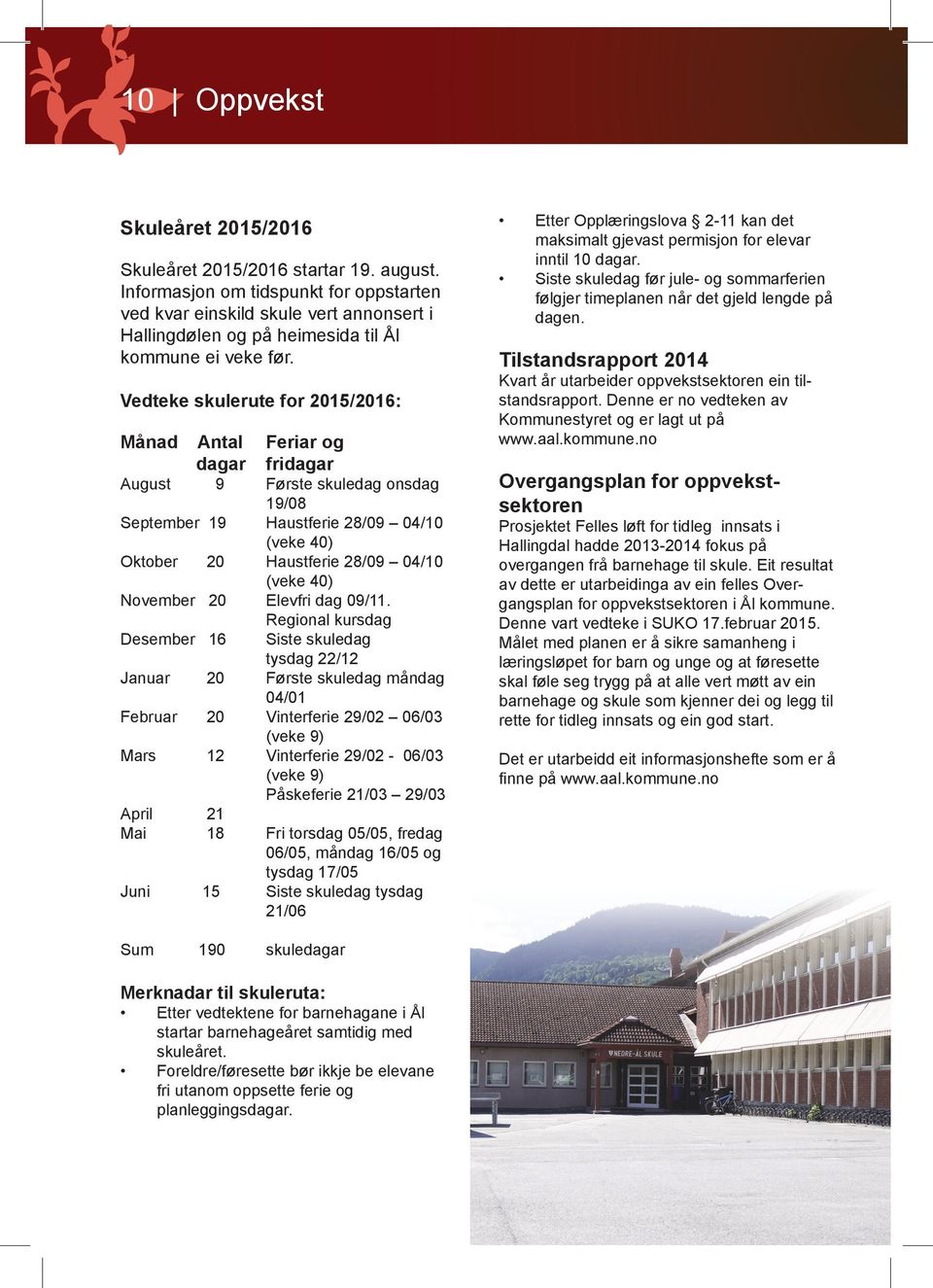 Vedteke skulerute for 2015/2016: Månad Antal Feriar og dagar fridagar August 9 Første skuledag onsdag 19/08 September 19 Haustferie 28/09 04/10 (veke 40) Oktober 20 Haustferie 28/09 04/10 (veke 40)