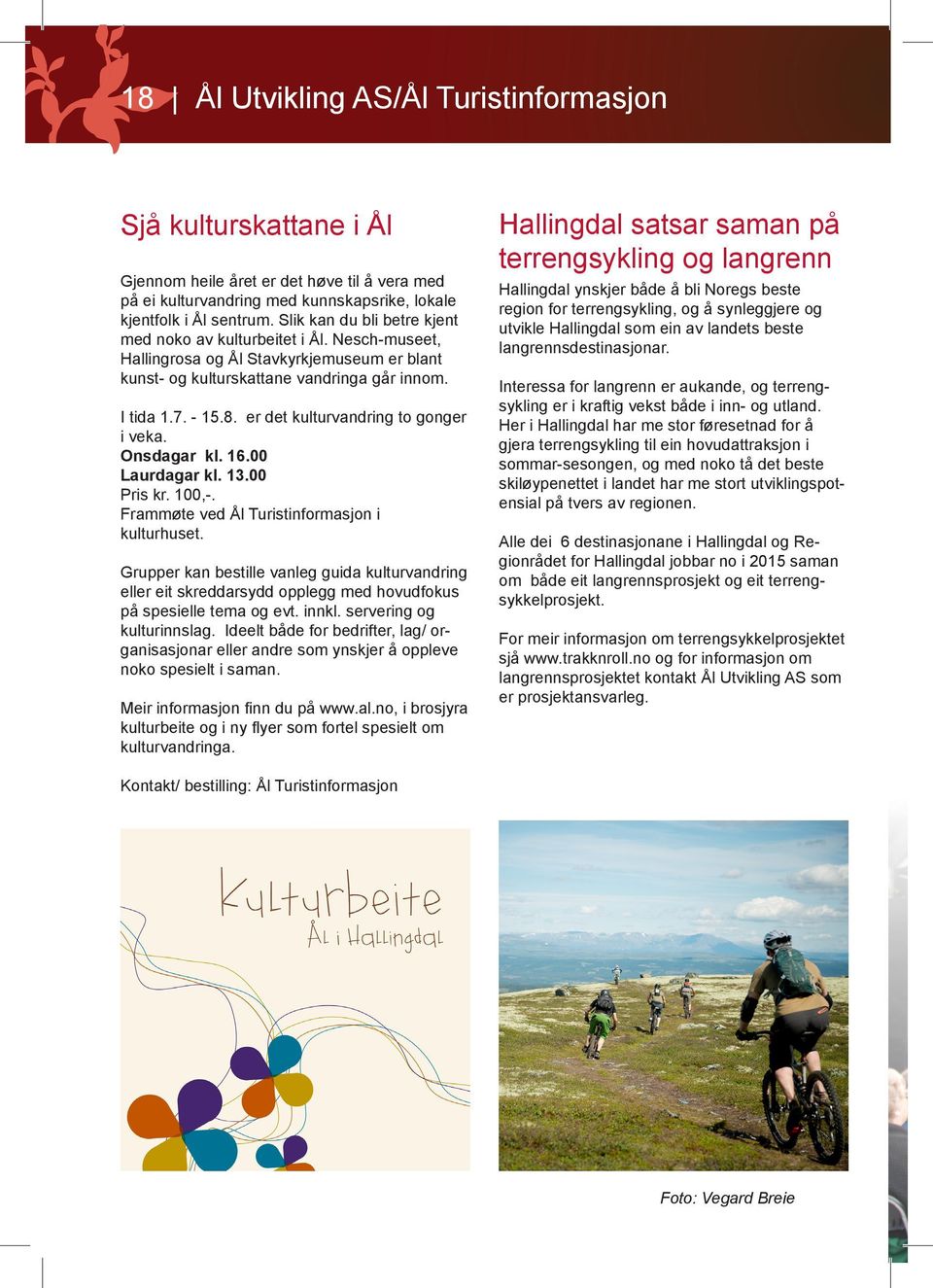 er det kulturvandring to gonger i veka. Onsdagar kl. 16.00 Laurdagar kl. 13.00 Pris kr. 100,-. Frammøte ved Ål Turistinformasjon i kulturhuset.