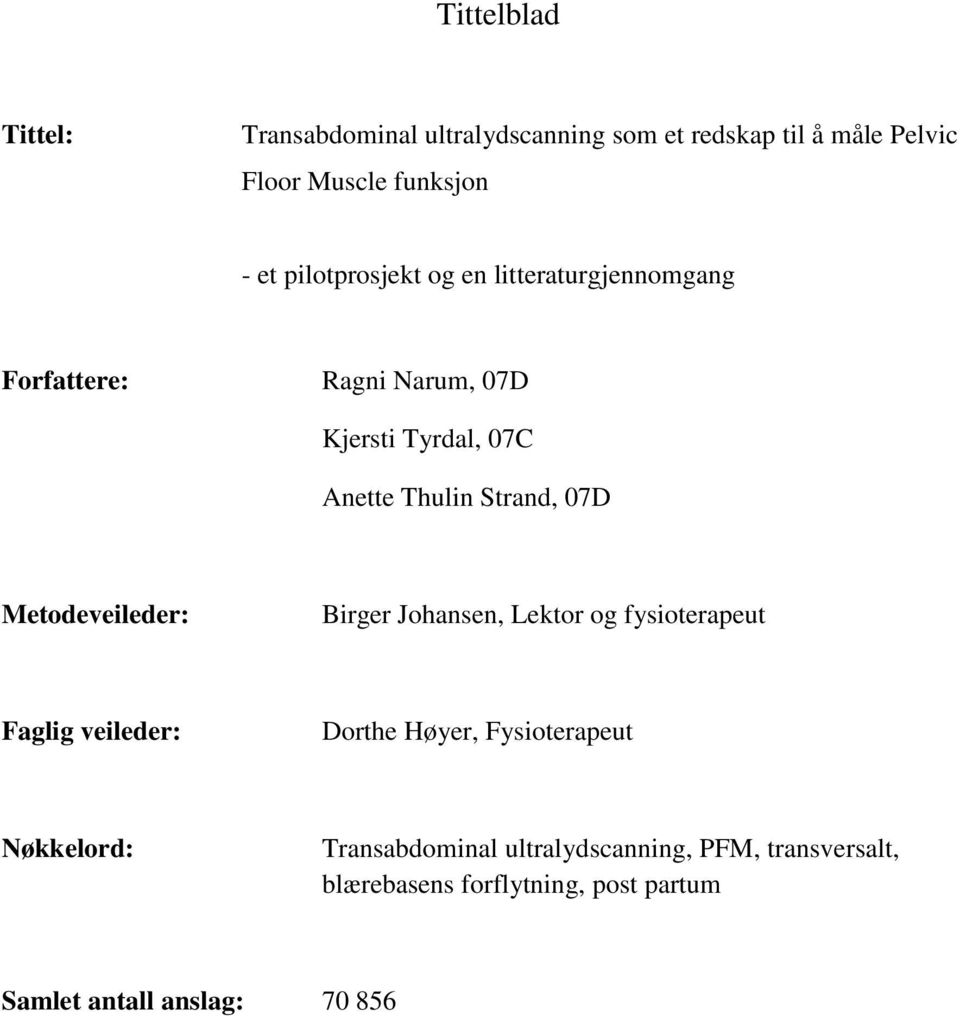 07D Metodeveileder: Birger Johansen, Lektor og fysioterapeut Faglig veileder: Dorthe Høyer, Fysioterapeut