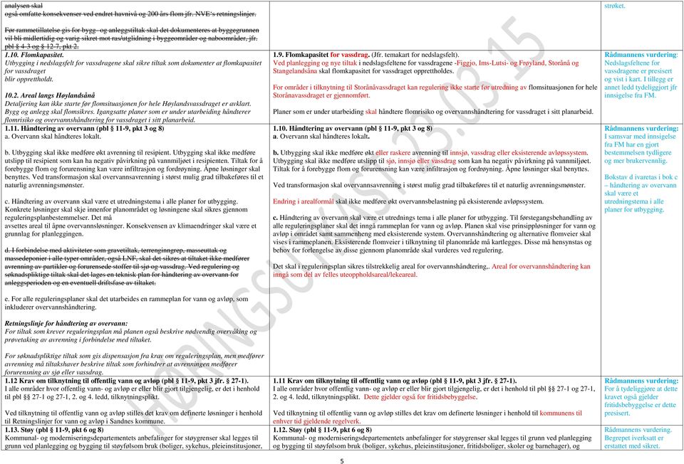 pbl 4-3 og 12-7, pkt 2. 1.10. Flomkapasitet. Utbygging i nedslagsfelt for vassdragene skal sikre tiltak som dokumenter at flomkapasitet for vassdraget blir opprettholdt. 10.2. Areal langs Høylandsånå Detaljering kan ikke starte før flomsituasjonen for hele Høylandsvassdraget er avklart.