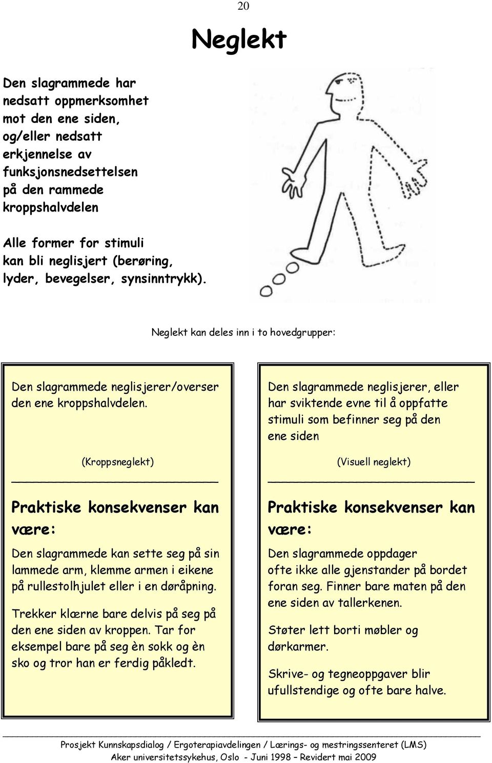 (Kroppsneglekt) Praktiske konsekvenser kan være: Den slagrammede kan sette seg på sin lammede arm, klemme armen i eikene på rullestolhjulet eller i en døråpning.