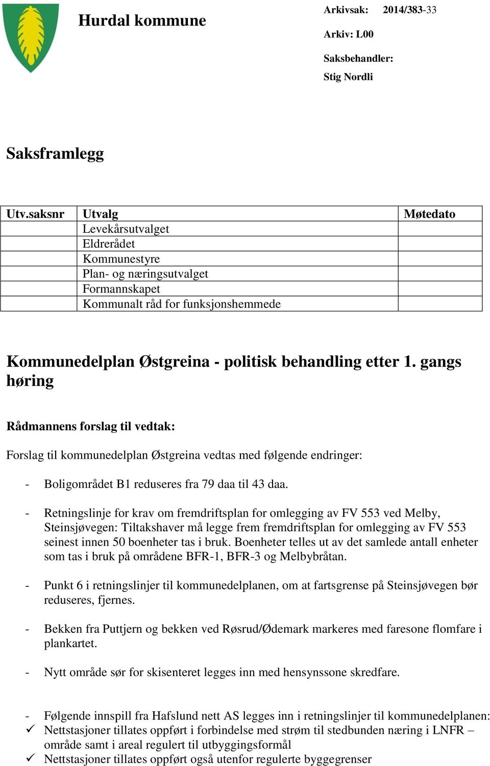 gangs høring Rådmannens forslag til vedtak: Forslag til kommunedelplan Østgreina vedtas med følgende endringer: - Boligområdet B1 reduseres fra 79 daa til 43 daa.