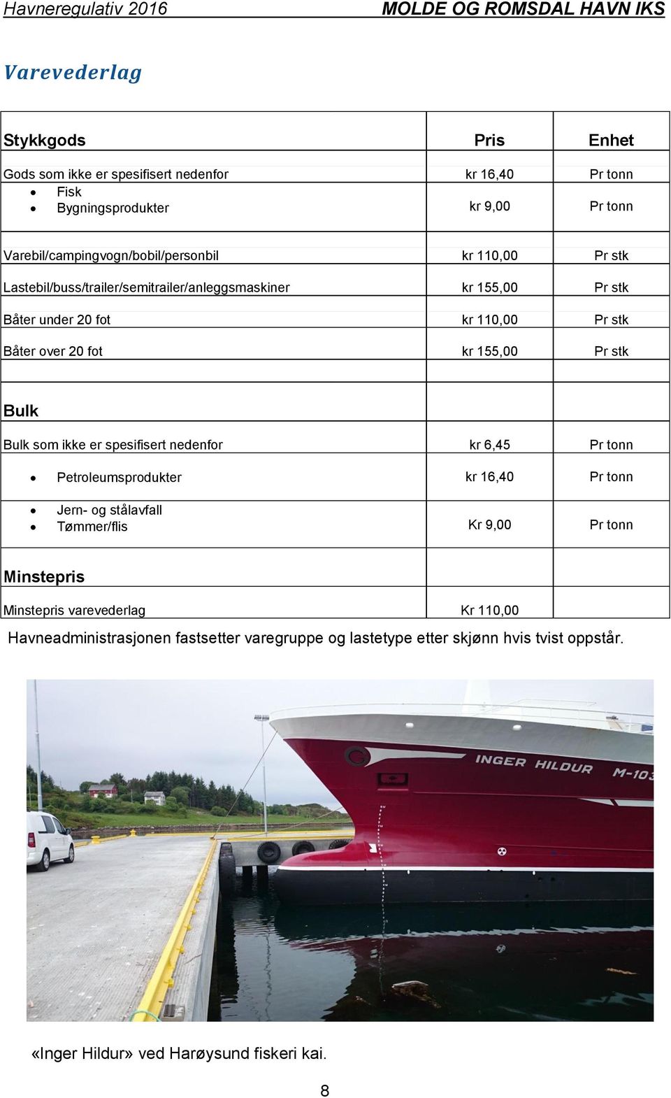 Båter over 20 fot kr 155,00 Pr stk Bulk Bulk som ikke er spesifisert nedenfor kr 6,45 Pr tonn Petroleumsprodukter kr 16,40 Pr tonn Jern- og stålavfall