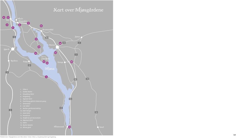 Simenstad 8. Lier Gård 9. Nerlien gardsovernatting 10. Edel Design 11. Hoel Gård 12. Hovelsrud 13. Skafferiet på Hovinsholm 14. Møystad Gård 15.