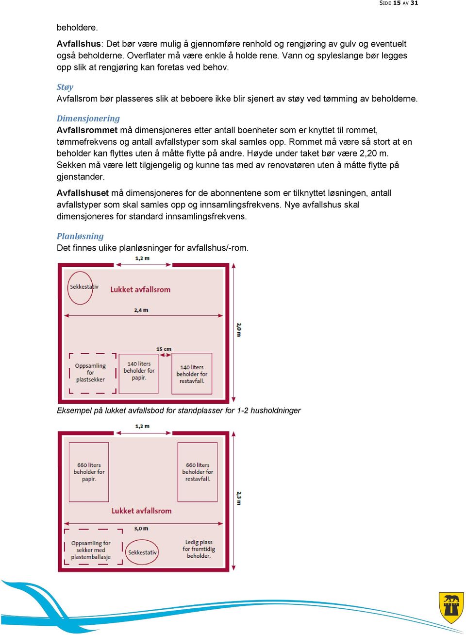 Dimensjonering Avfallsrommet må dimensjoneres etter antall boenheter som er knyttet til rommet, tømmefrekvens og antall avfallstyper som skal samles opp.