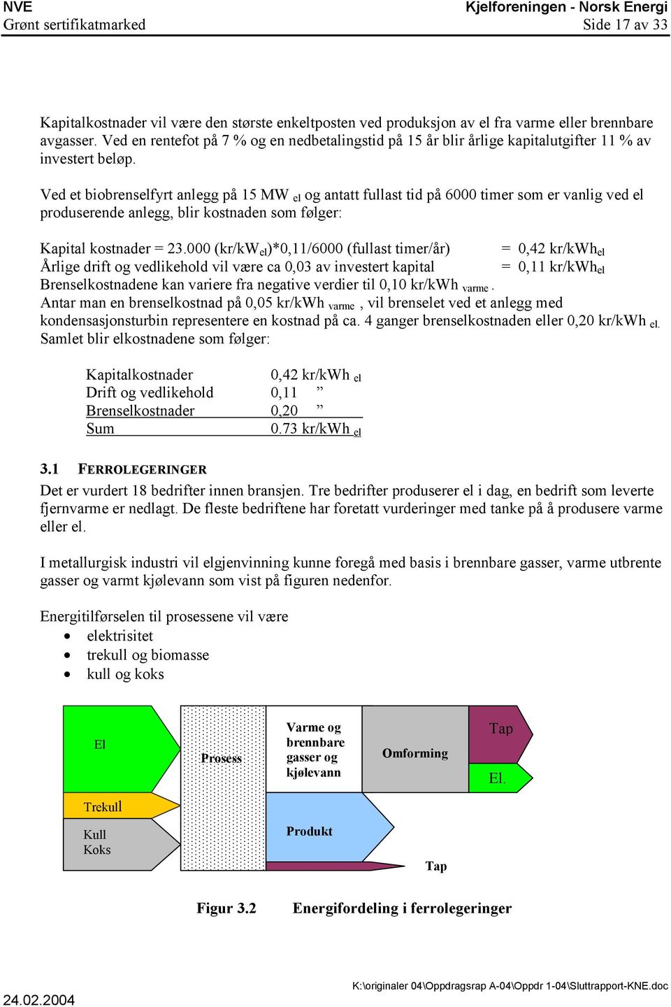 Ved et biobrenselfyrt anlegg på 15 MW el og antatt fullast tid på 6000 timer som er vanlig ved el produserende anlegg, blir kostnaden som følger: Kapital kostnader = 23.