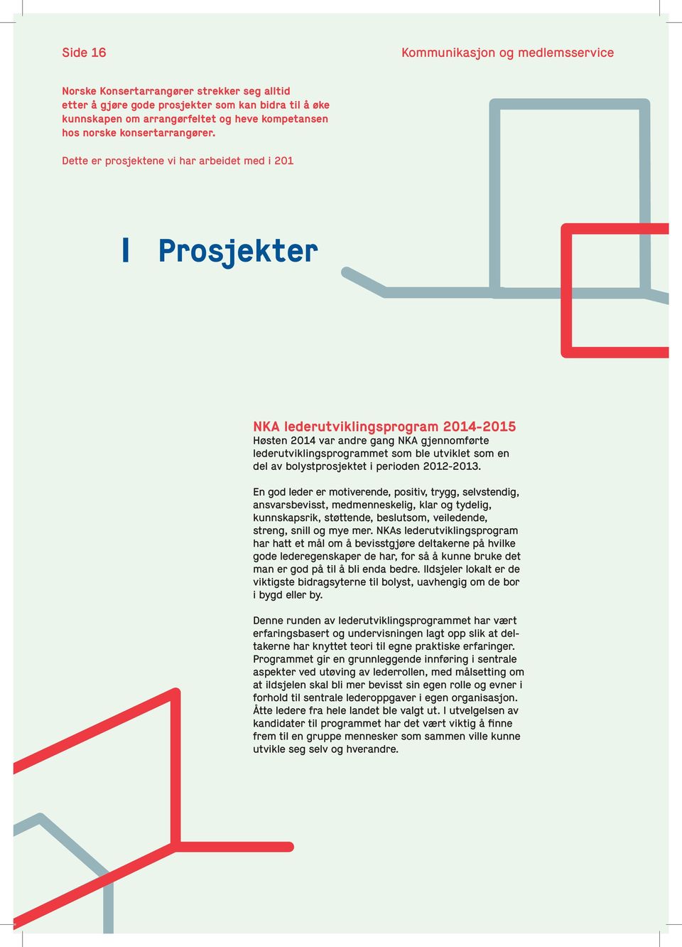 Dette er prosjektene vi har arbeidet med i 201 Prosjekter NKA lederutviklingsprogram 2014-2015 Høsten 2014 var andre gang NKA gjennomførte lederutviklingsprogrammet som ble utviklet som en del av