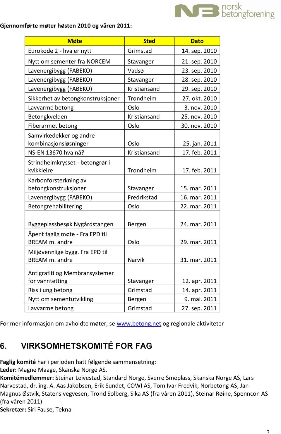 nov. 2010 Samvirkedekker og andre kombinasjonsløsninger Oslo 25. jan. 2011 NS-EN 13670 hva nå? Kristiansand 17. feb. 2011 Strindheimkrysset - betongrør i kvikkleire Trondheim 17. feb. 2011 Karbonforsterkning av betongkonstruksjoner Stavanger 15.