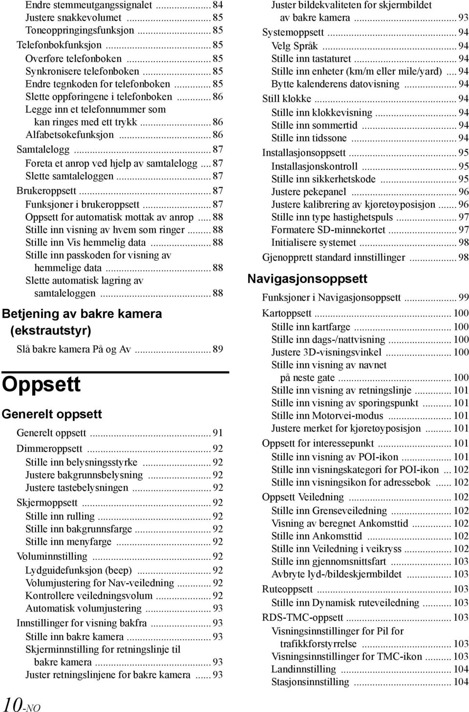 .. 87 Foreta et anrop ved hjelp av samtalelogg... 87 Slette samtaleloggen... 87 Brukeroppsett... 87 Funksjoner i brukeroppsett... 87 Oppsett for automatisk mottak av anrop.