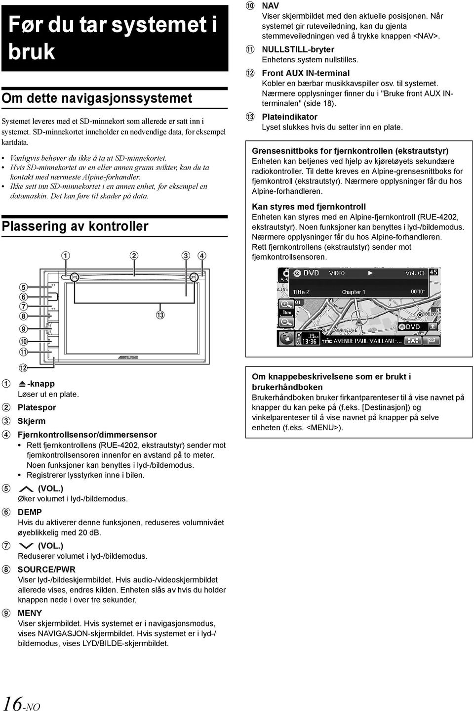 Ikke sett inn SD-minnekortet i en annen enhet, for eksempel en datamaskin. Det kan føre til skader på data. Plassering av kontroller 0 NAV Viser skjermbildet med den aktuelle posisjonen.