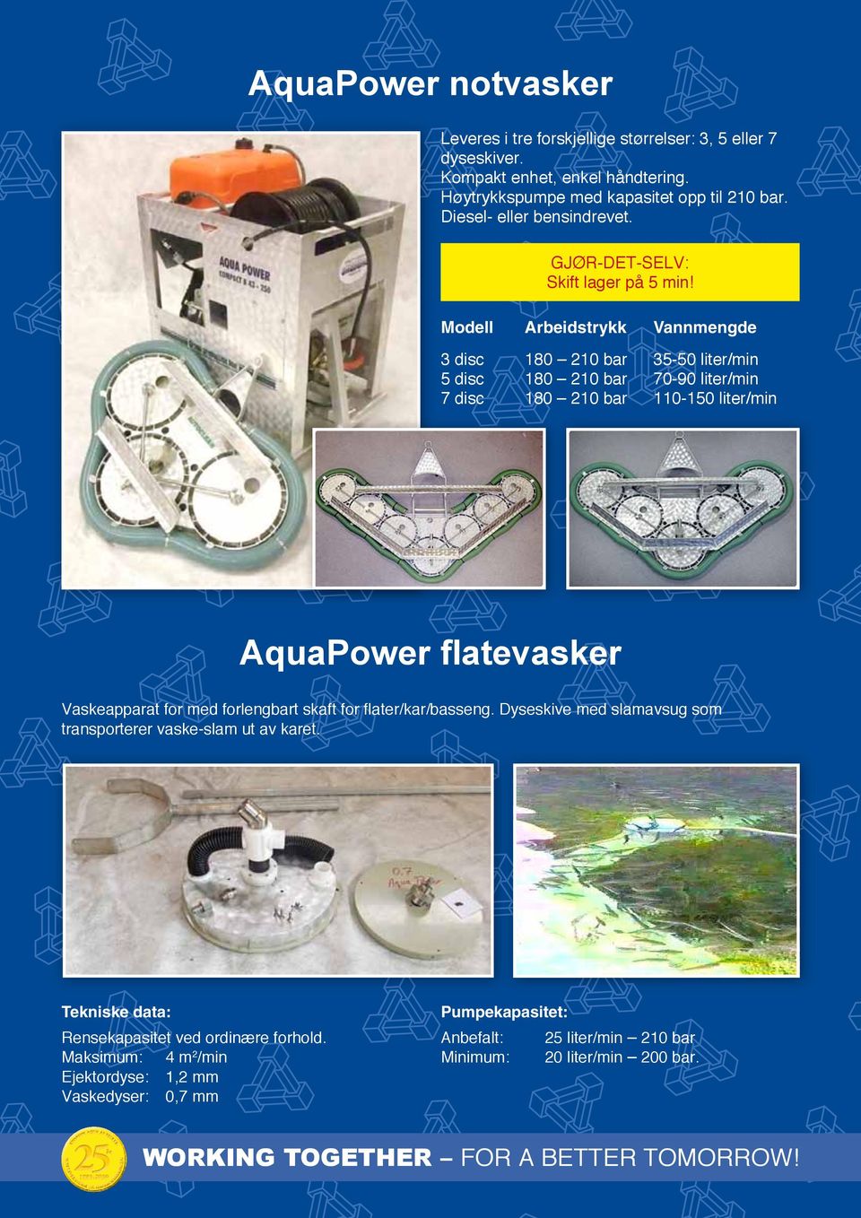 Modell Arbeidstrykk Vannmengde 3 disc 180 210 bar 35-50 liter/min 5 disc 180 210 bar 70-90 liter/min 7 disc 180 210 bar 110-150 liter/min AquaPower flatevasker Vaskeapparat for