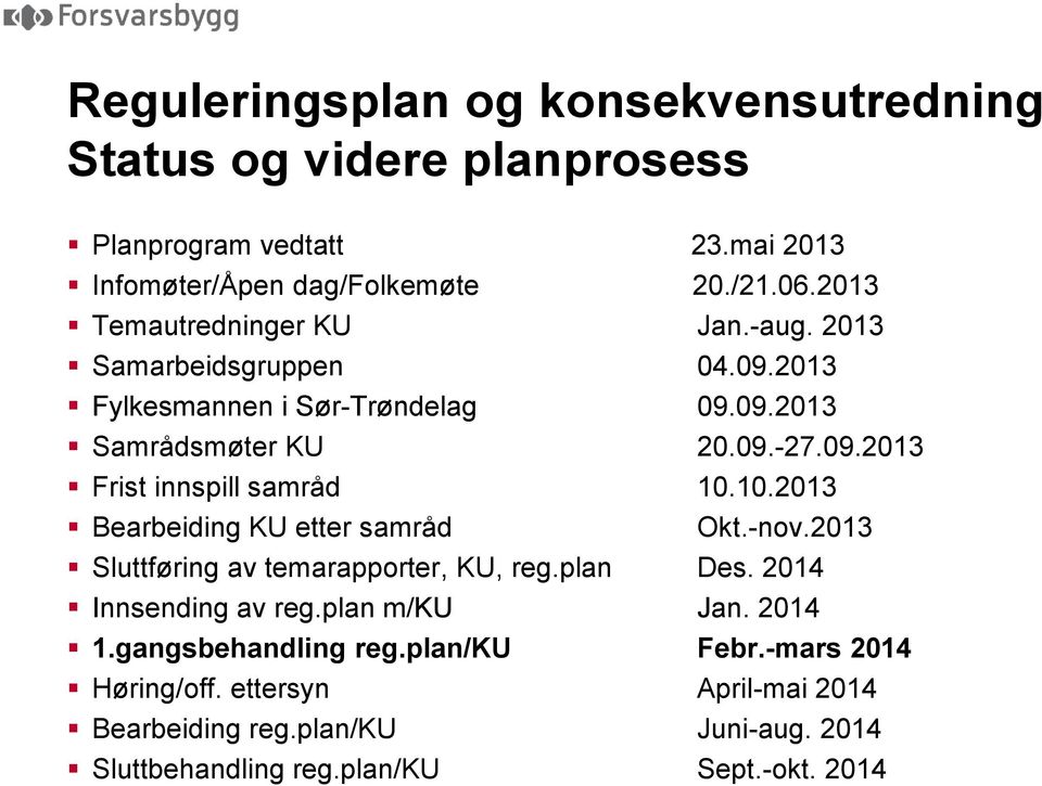 10.2013 Bearbeiding KU etter samråd Okt.-nov.2013 Sluttføring av temarapporter, KU, reg.plan Des. 2014 Innsending av reg.plan m/ku Jan. 2014 1.