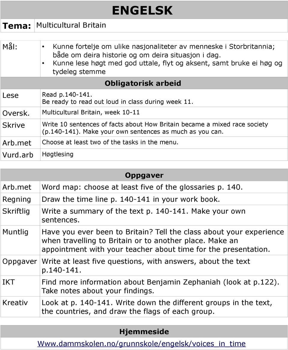 Multicultural Britain, week 10-11 Skrive Arb.met Vurd.arb Write 10 sentences of facts about How Britain became a mixed race society (p.140-141). Make your own sentences as much as you can.