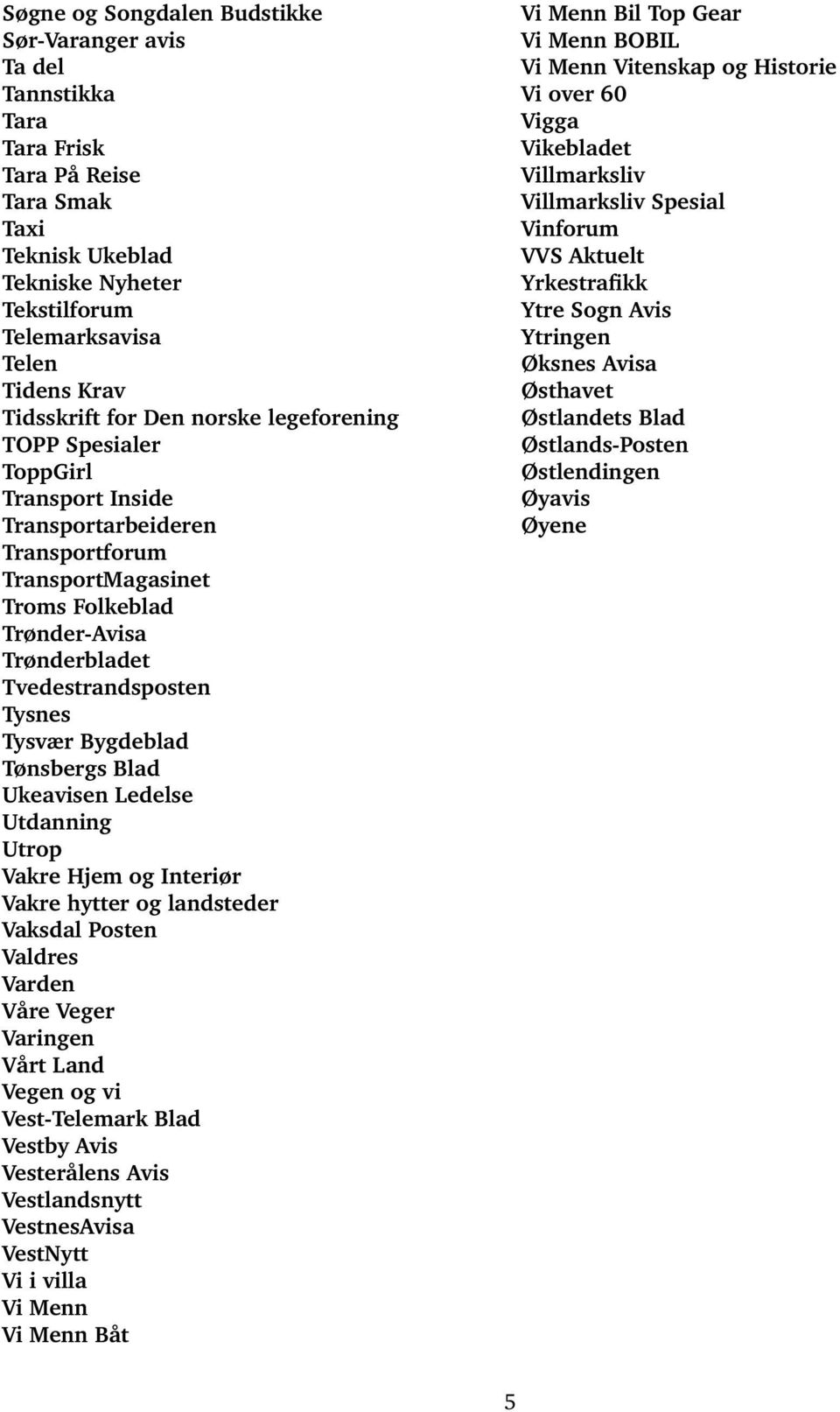 Bygdeblad Tønsbergs Blad Ukeavisen Ledelse Utdanning Utrop Vakre Hjem og Interiør Vakre hytter og landsteder Vaksdal Posten Valdres Varden Våre Veger Varingen Vårt Land Vegen og vi Vest-Telemark Blad