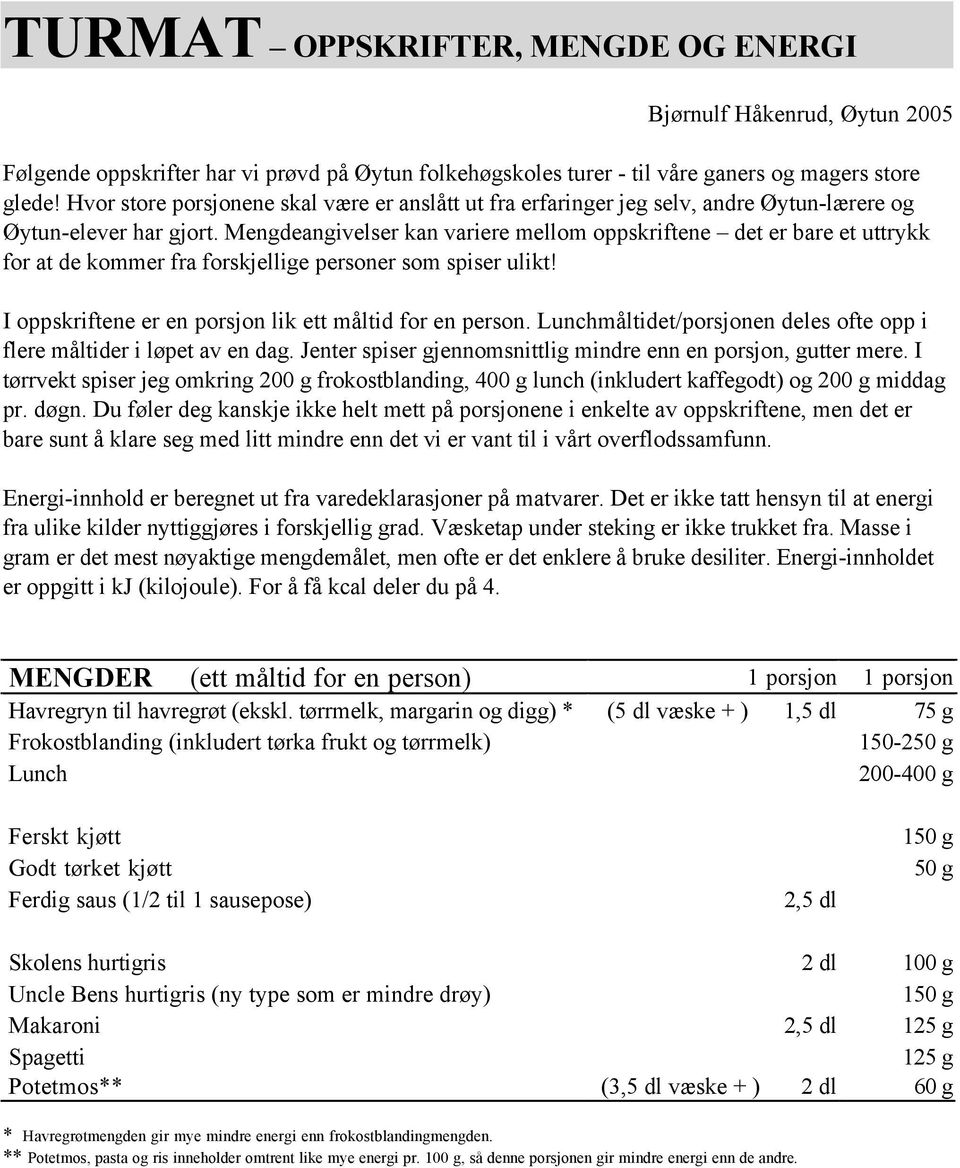 Mengdeangivelser kan variere mellom oppskriftene det er bare et uttrykk for at de kommer fra forskjellige personer som spiser ulikt! I oppskriftene er en porsjon lik ett måltid for en person.