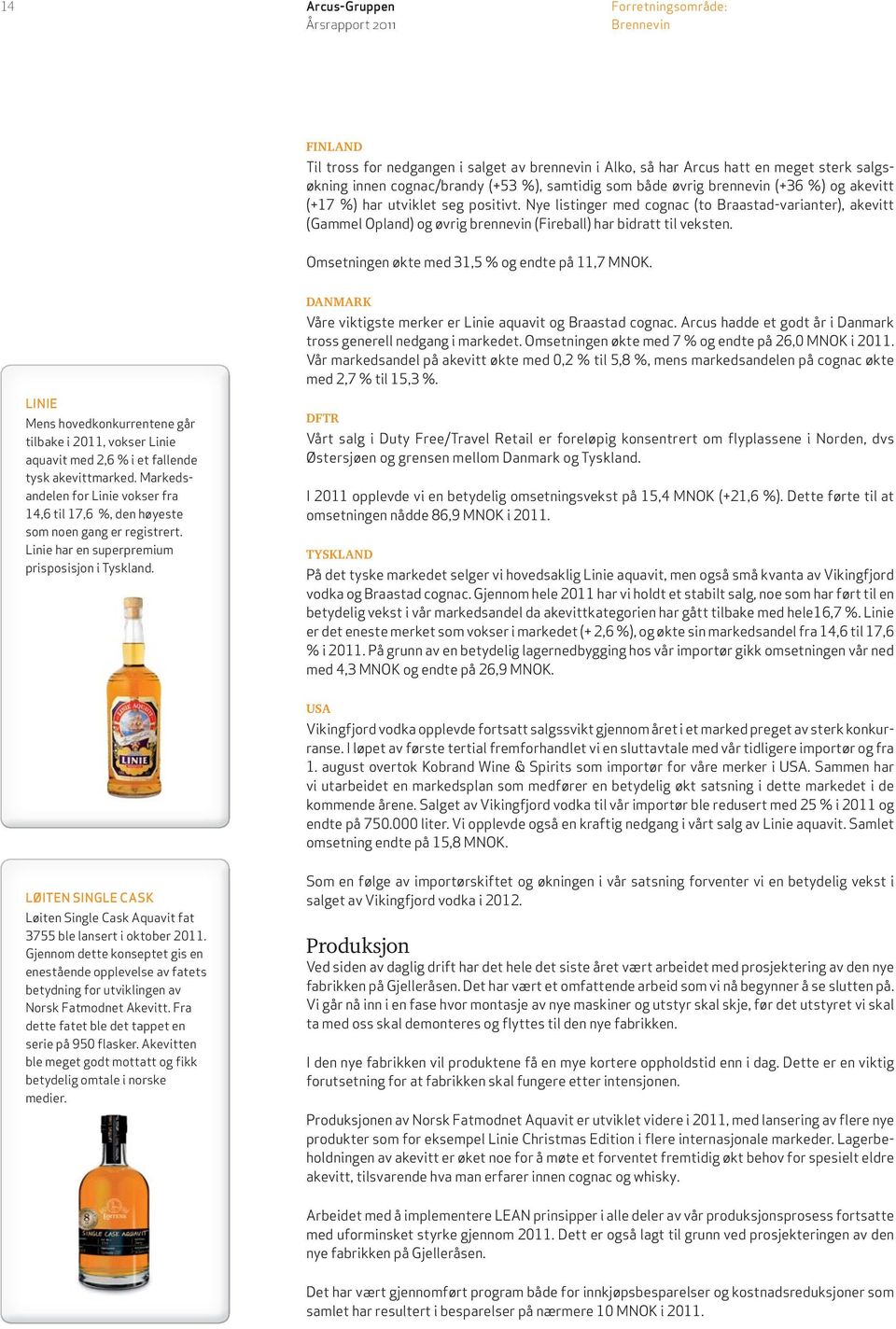 Omsetningen økte med 31,5 % og endte på 11,7 MNOK. DANMARK Våre viktigste merker er Linie aquavit og Braastad cognac. Arcus hadde et godt år i Danmark tross generell nedgang i markedet.