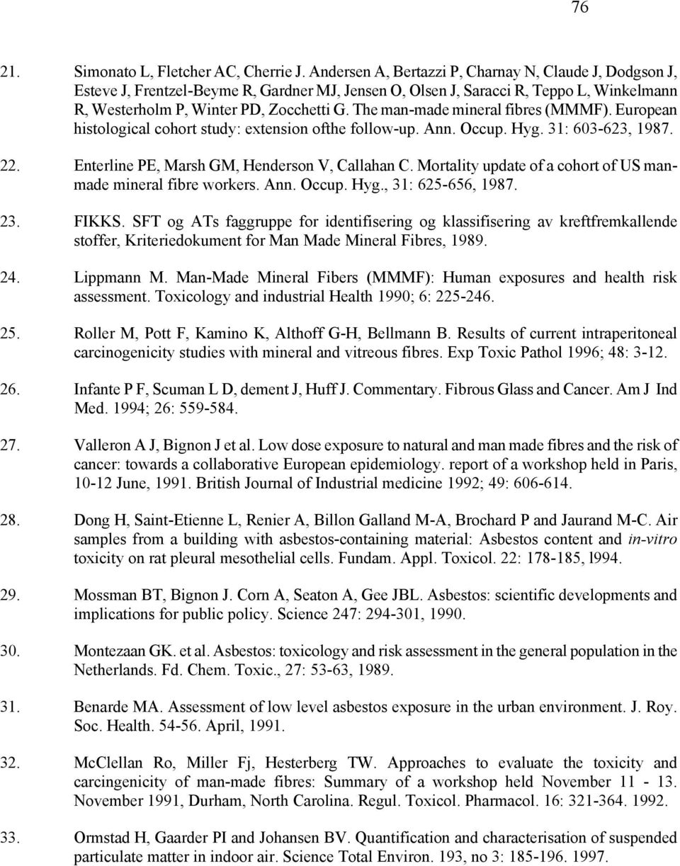 The man-made mineral fibres (MMMF). European histological cohort study: extension ofthe follow-up. Ann. Occup. Hyg. 31: 603-623, 1987. 22. Enterline PE, Marsh GM, Henderson V, Callahan C.