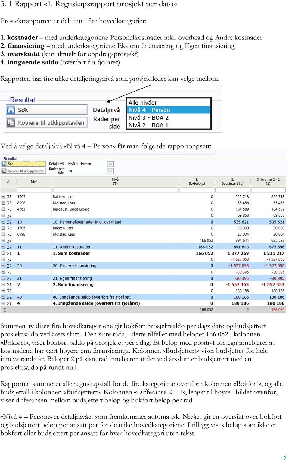inngående saldo (overført fra fjoråret) Rapporten har fire ulike detaljeringsnivå som prosjektleder kan velge mellom: Ved å velge detaljnivå «Nivå 4 Person» får man følgende rapportoppsett: Summen av