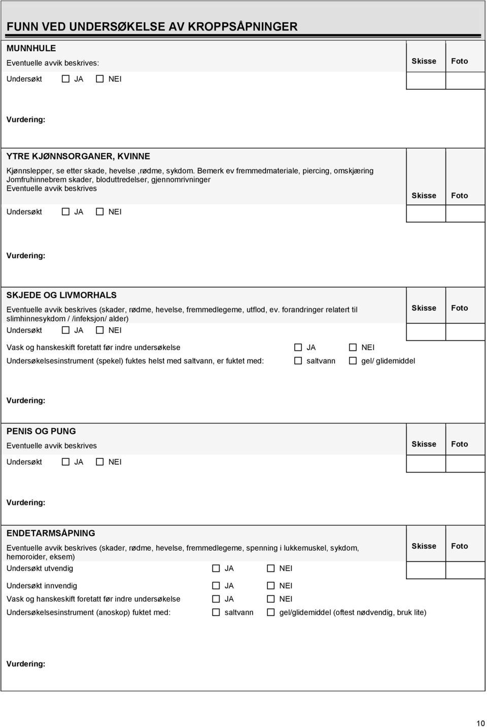 Eventuelle avvik beskrives (skader, rødme, hevelse, fremmedlegeme, utflod, ev.