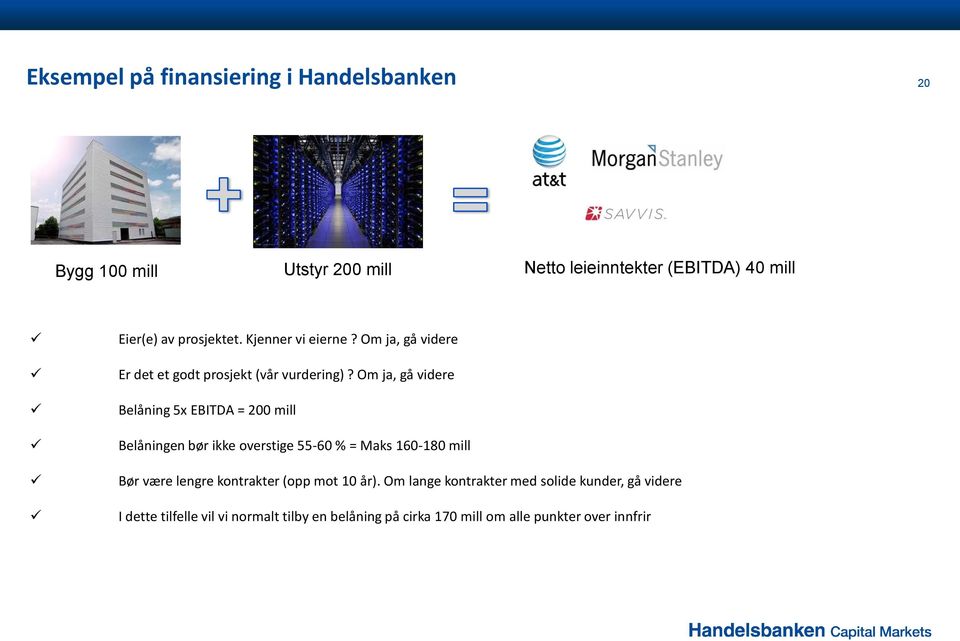 Om ja, gå videre Belåning 5x EBITDA = 200 mill Belåningen bør ikke overstige 55-60 % = Maks 160-180 mill Bør være lengre