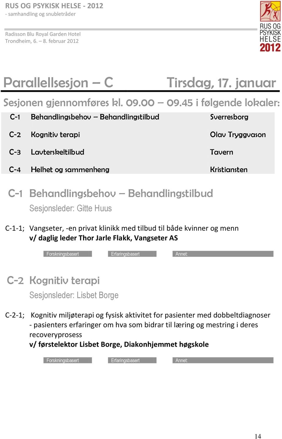 C-1 Behandlingsbehov Behandlingstilbud Sesjonsleder: Gitte Huus C-1-1; Vangseter, -en privat klinikk med tilbud til både kvinner og menn v/ daglig leder Thor Jarle Flakk,