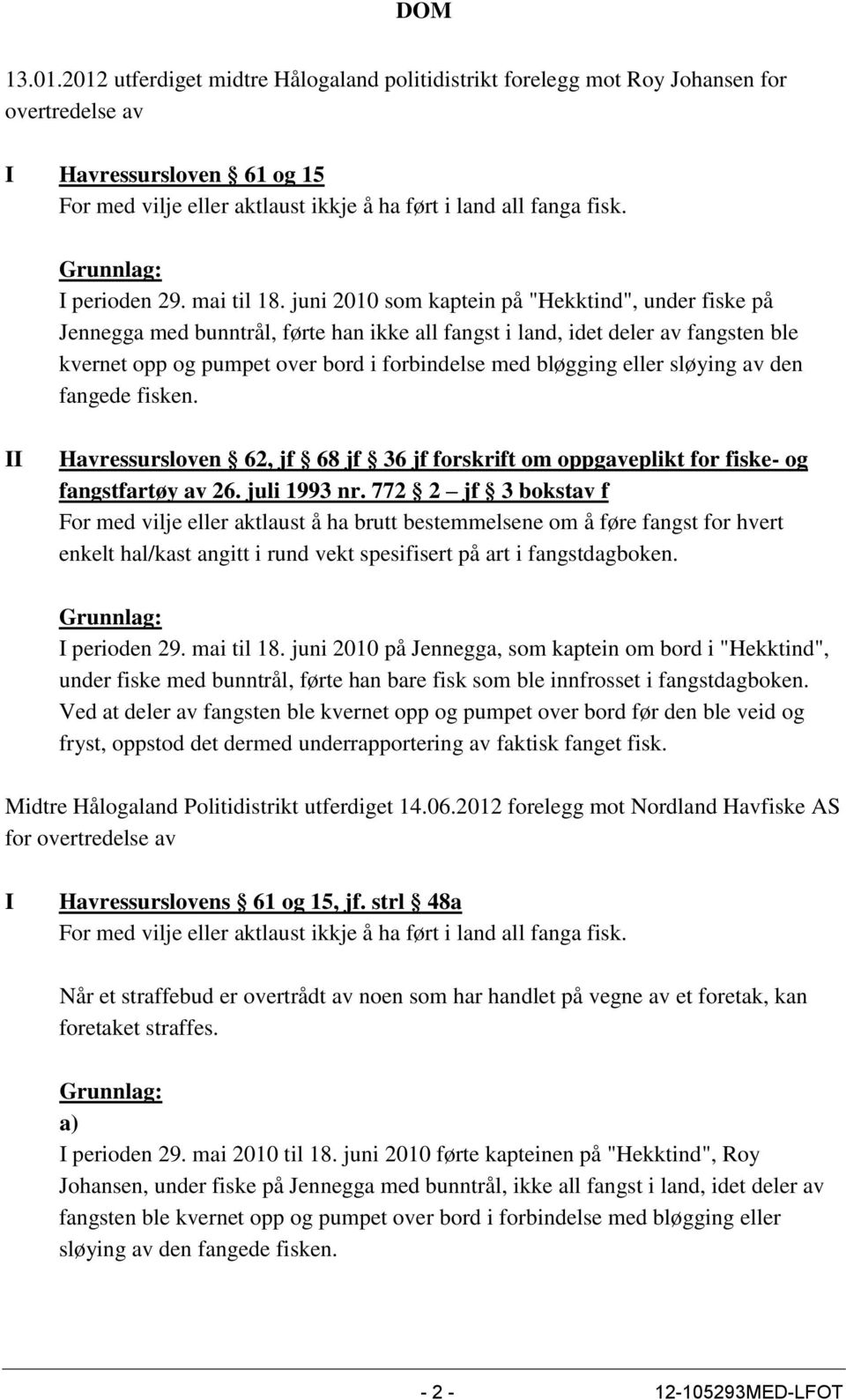 juni 2010 som kaptein på "Hekktind", under fiske på Jennegga med bunntrål, førte han ikke all fangst i land, idet deler av fangsten ble kvernet opp og pumpet over bord i forbindelse med bløgging