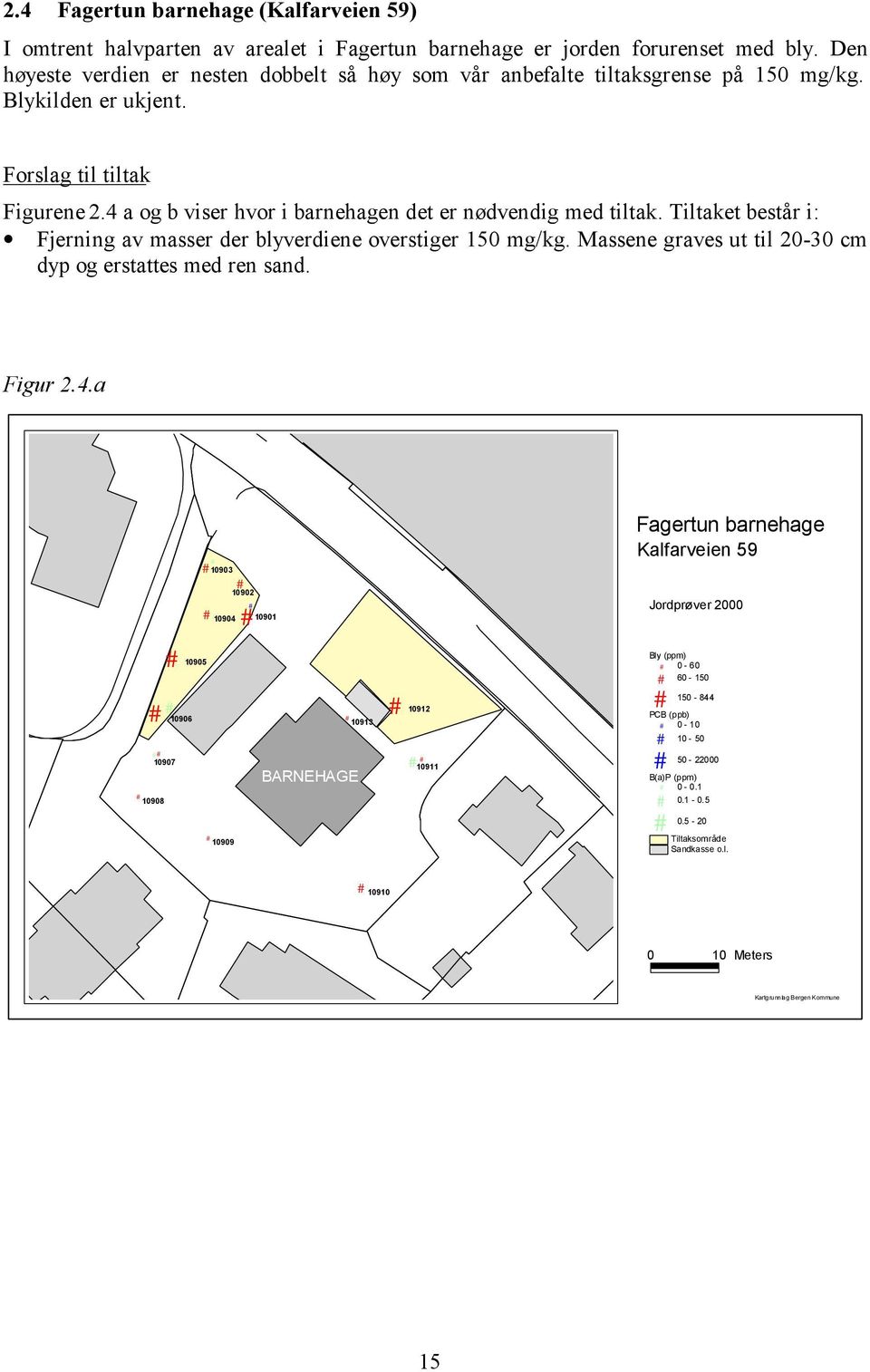 4 a og b viser hvor i barnehagen det er nødvendig med tiltak. Tiltaket består i: Fjerning av masser der blyverdiene overstiger 150 mg/kg. Massene graves ut til 20-30 cm dyp og erstattes med ren sand.