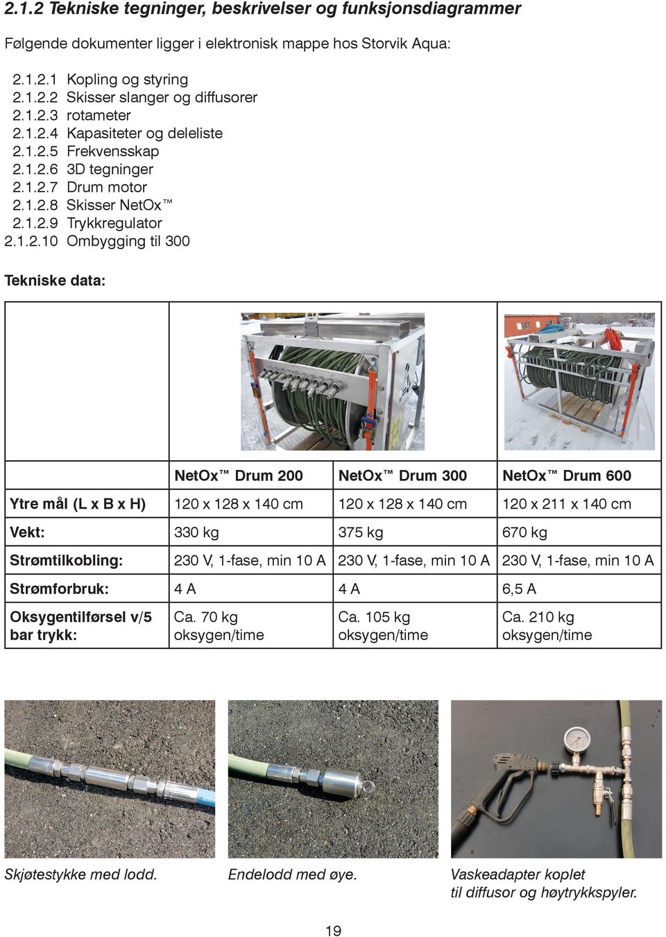 Drum 300 NetOx Drum 600 Ytre mål (L x B x H) 120 x 128 x 140 cm 120 x 128 x 140 cm 120 x 211 x 140 cm Vekt: 330 kg 375 kg 670 kg Strømtilkobling: 230 V, 1-fase, min 10 A 230 V, 1-fase, min 10 A 230