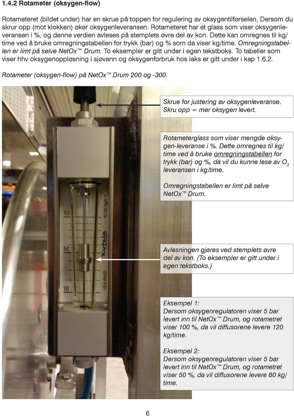 Dette kan omregnes til kg/ time ved å bruke omregningstabellen for trykk (bar) og % som da viser kg/time. Omregningstabellen er limt på selve NetOx Drum. To eksempler er gitt under i egen tekstboks.