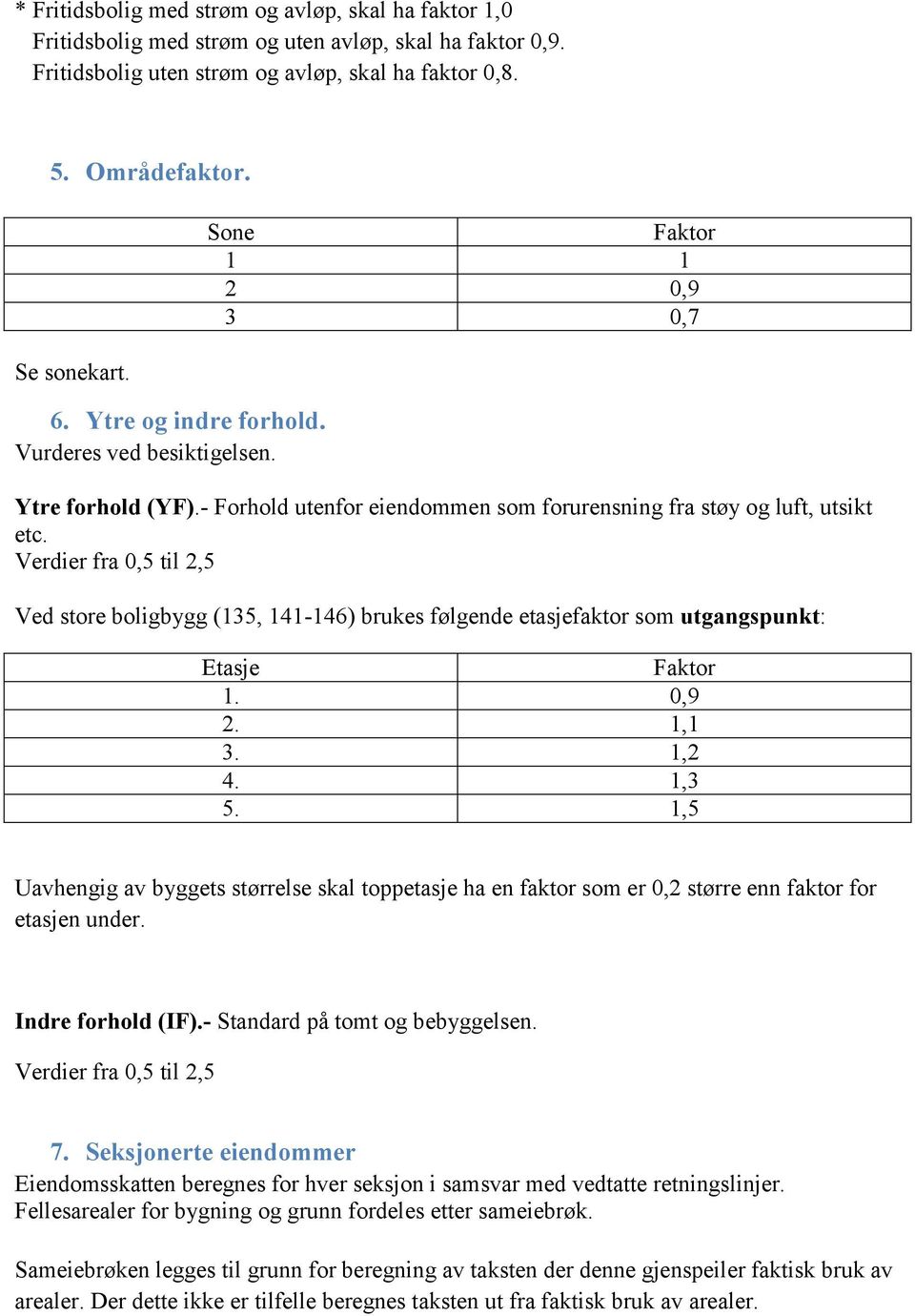 Verdier fra 0,5 til 2,5 Ved store boligbygg (135, 141-146) brukes følgende etasjefaktor som utgangspunkt: Etasje Faktor 1. 0,9 2. 1,1 3. 1,2 4. 1,3 5.