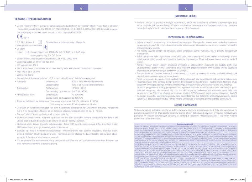 0344 IEC 601: Klasse II Direktivet om meisinsk utstyr: Klasse IIa Mikroprosessor kontrollert BF-utstyr Laer: inngangsspenning 100-240V AC / 50-60 Hz / 0.4A Max.