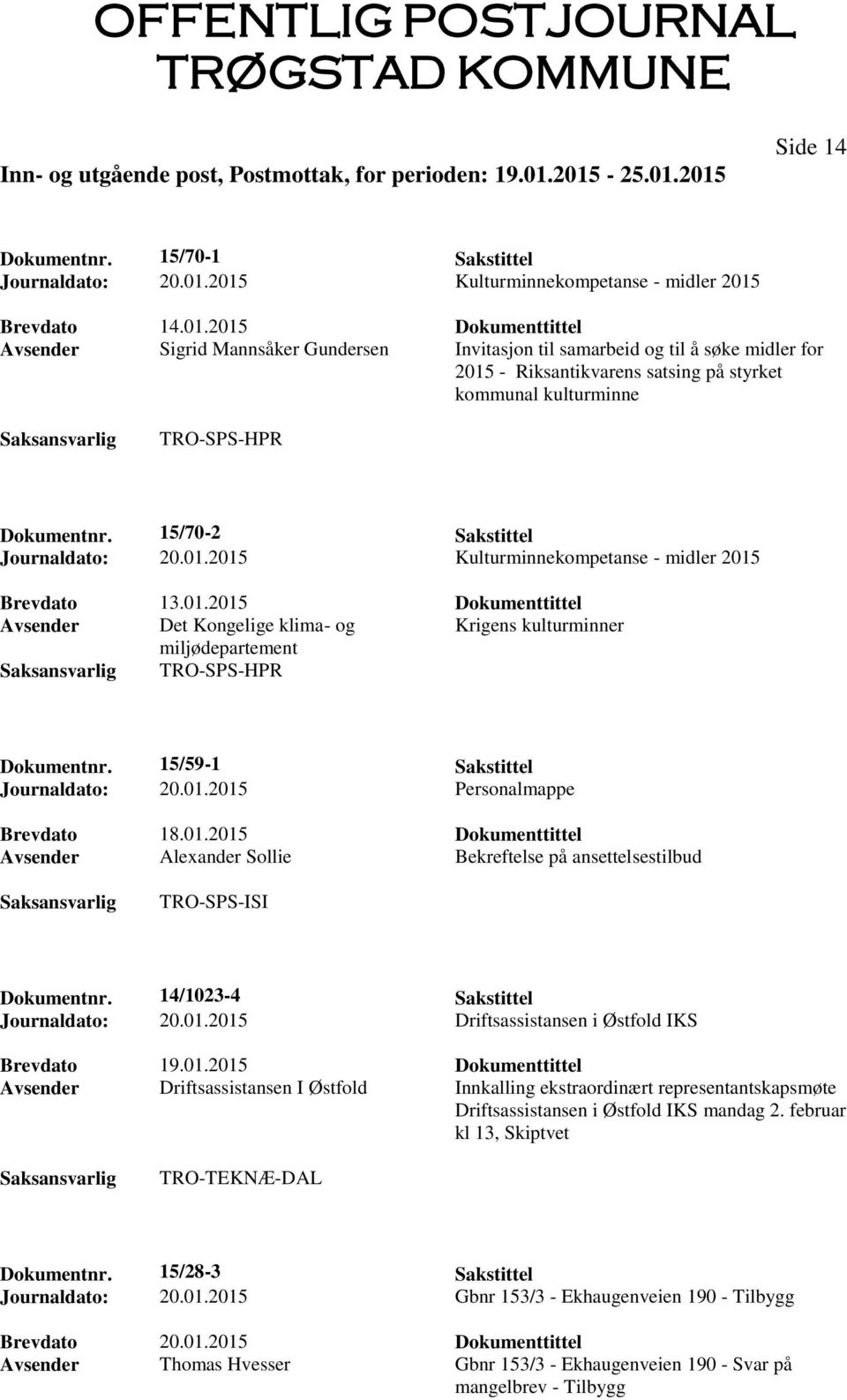 15/70-2 Sakstittel Journaldato: 20.01.2015 Kulturminnekompetanse - midler 2015 Brevdato 13.01.2015 Dokumenttittel Avsender Det Kongelige klima- og Krigens kulturminner miljødepartement TRO-SPS-HPR Dokumentnr.