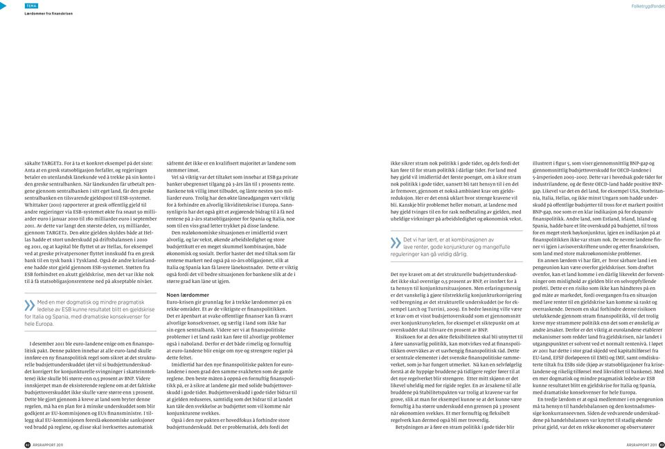 Whittaker (2011) rapporterer at gresk offentlig gjeld til andre regjeringer via ESB-systemet økte fra snaut 50 milliarder euro i januar 2010 til 180 milliarder euro i september 2011.