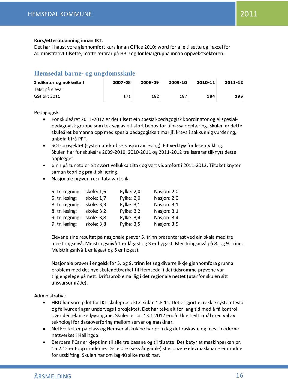 Hemsedal barne- og ungdomsskule Indikator og nøkkeltall 2007-08 2008-09 2009-10 2010-11 2011-12 Talet på elevar GSI okt 2011 171 182 187 184 195 Pedagogisk: For skuleåret 2011-2012 er det tilsett ein