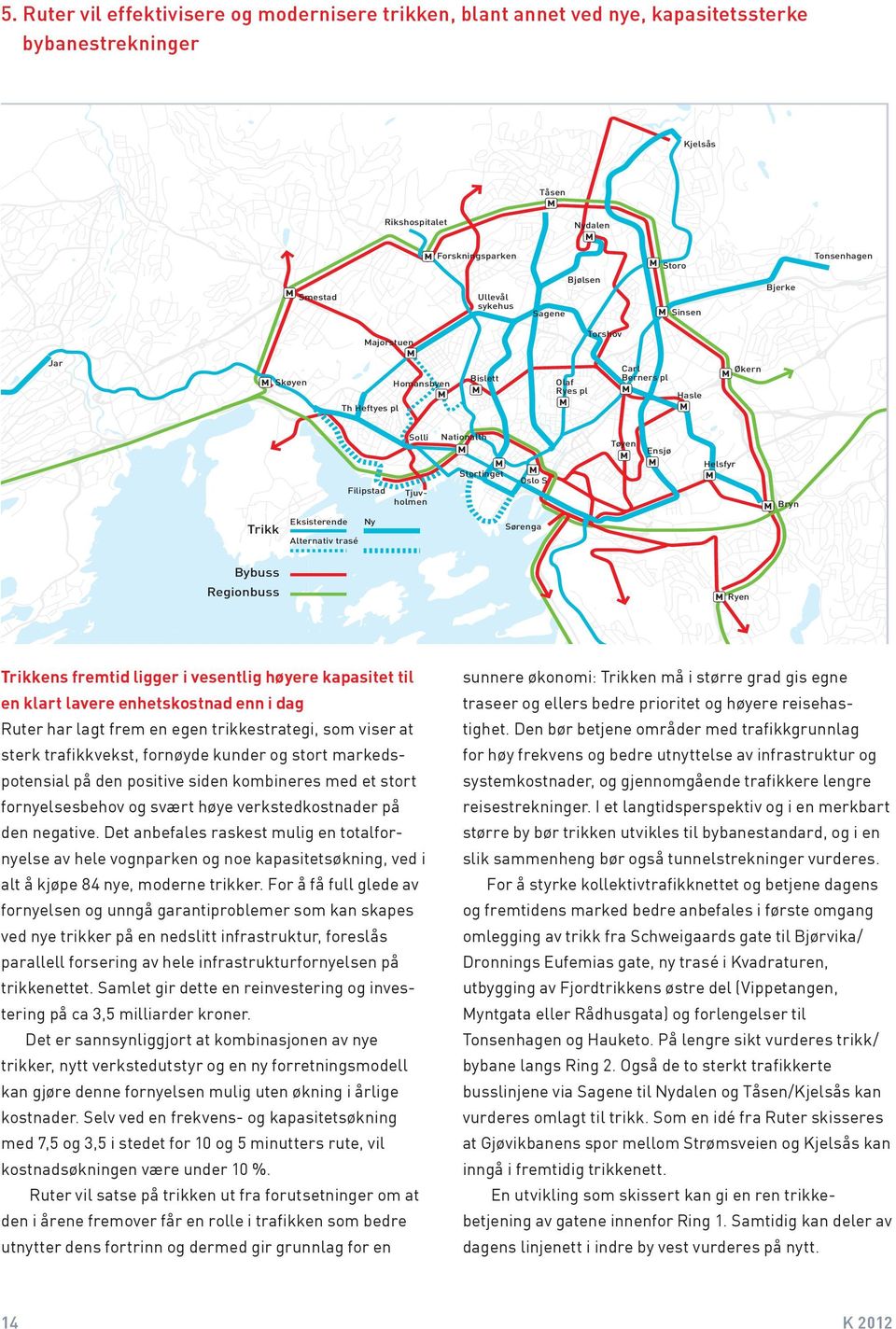 Tøyen Ensjø Helsfyr Bryn Trikk Eksisterende Ny Alternativ trasé Sørenga Bybuss Regionbuss Ryen Trikkens fremtid ligger i vesentlig høyere kapasitet til en klart lavere enhetskostnad enn i dag Ruter