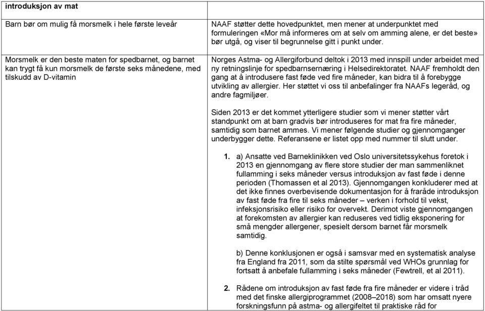 under. Norges Astma- og Allergiforbund deltok i 2013 med innspill under arbeidet med ny retningslinje for spedbarnsernæring i Helsedirektoratet.