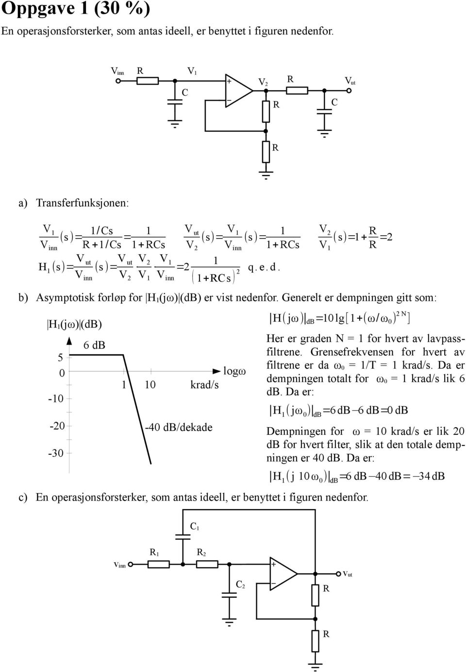 Grensefrekvensen for hvert av filtrene er da ω 0 = /T = krad/s. Da er dempningen totalt for ω 0 = krad/s lik 6 db.