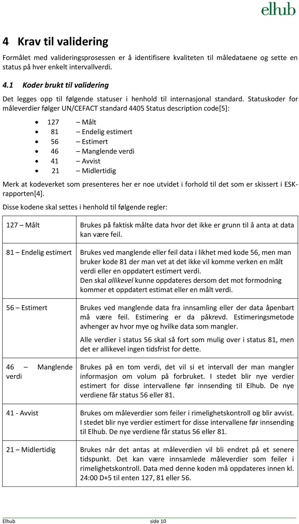 Statuskoder for måleverdier følger UN/CEFACT standard 4405 Status description code[5]: 127 Målt 81 Endelig estimert 56 Estimert 46 Manglende verdi 41 Avvist 21 Midlertidig Merk at kodeverket som