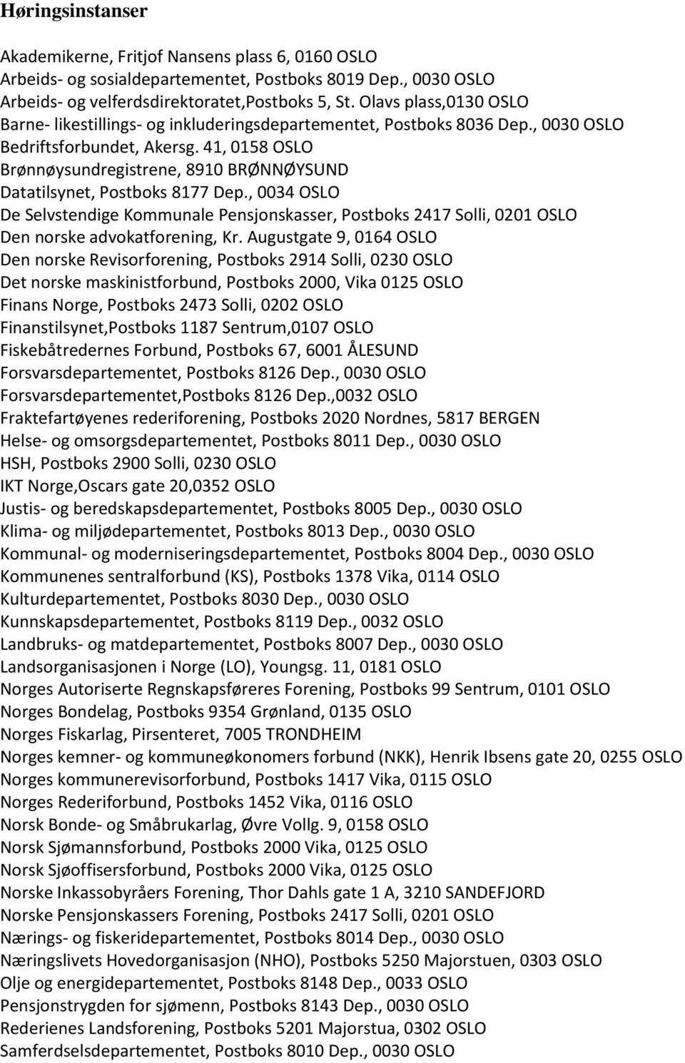 41, 0158 OSLO Brønnøysundregistrene, 8910 BRØNNØYSUND Datatilsynet, Postboks 8177 Dep.