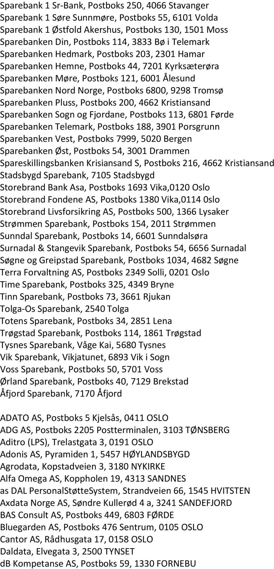 Tromsø Sparebanken Pluss, Postboks 200, 4662 Kristiansand Sparebanken Sogn og Fjordane, Postboks 113, 6801 Førde Sparebanken Telemark, Postboks 188, 3901 Porsgrunn Sparebanken Vest, Postboks 7999,