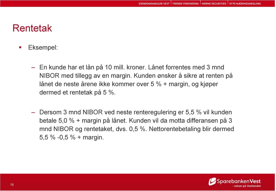 på 5 %. Dersom 3 mnd NIBOR ved neste renteregulering er 5,5 % vil kunden betale 5,0 % + margin på lånet.