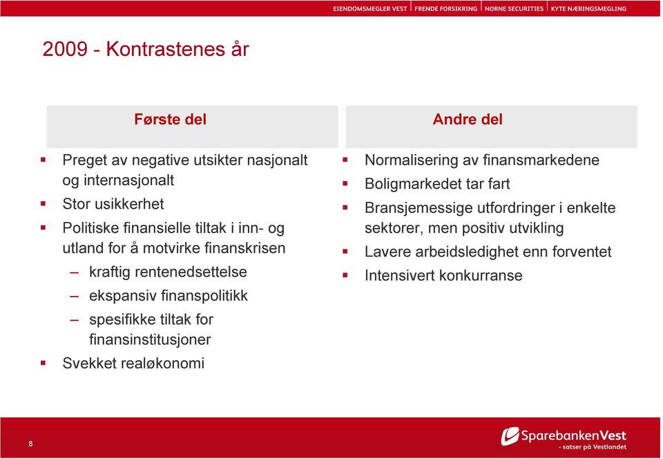 spesifikke tiltak for finansinstitusjoner Svekket realøkonomi Andre del Normalisering av finansmarkedene Boligmarkedet tar