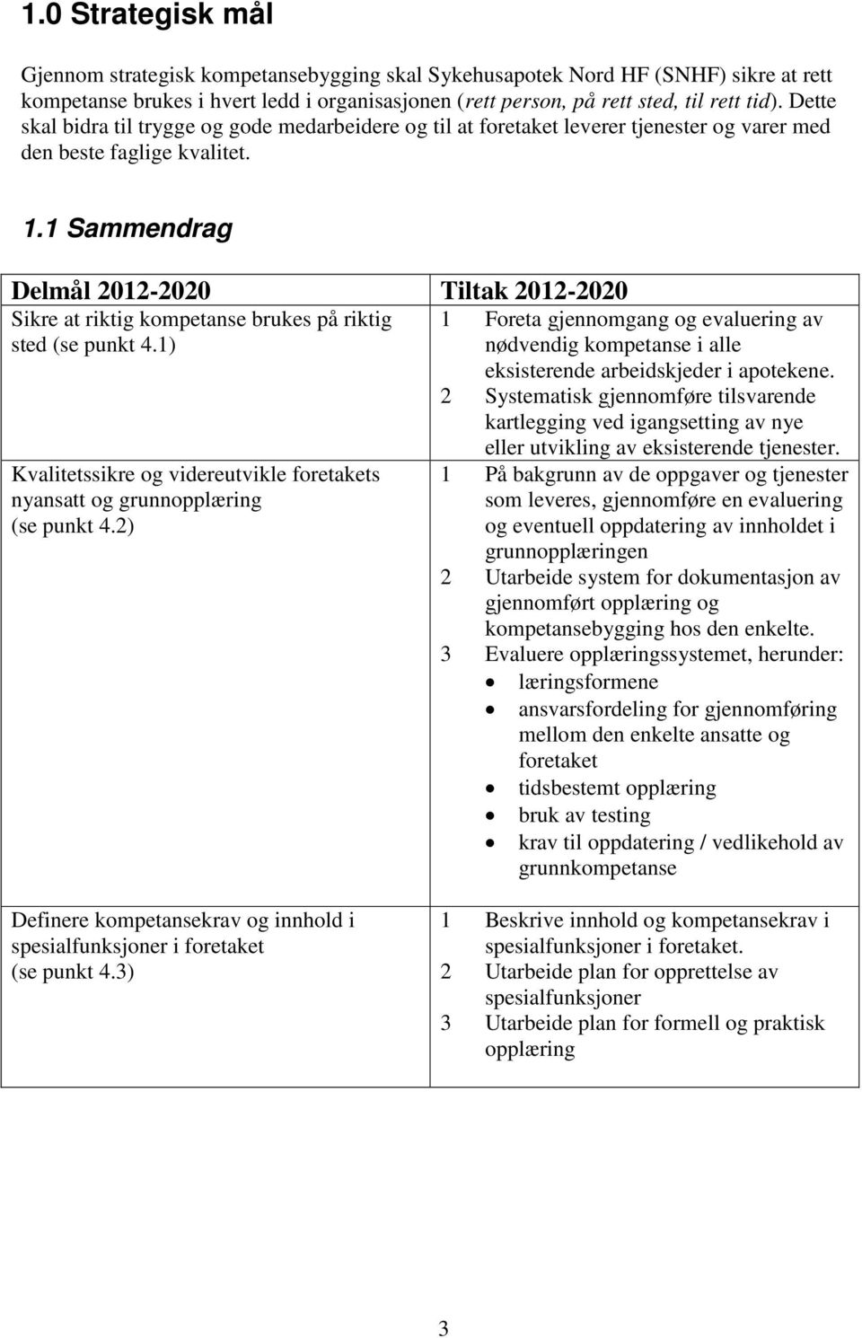 1 Sammendrag Delmål 2012-2020 Tiltak 2012-2020 Sikre at riktig kompetanse brukes på riktig sted (se punkt 4.1) Kvalitetssikre og videreutvikle foretakets nyansatt og grunnopplæring (se punkt 4.