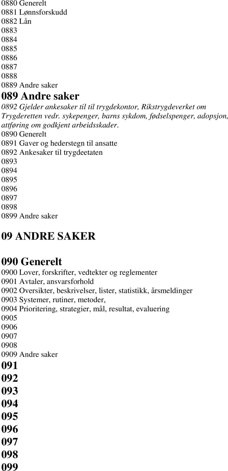 0890 Generelt 0891 Gaver og hederstegn til ansatte 0892 Ankesaker til trygdeetaten 0893 0894 0895 0896 0897 0898 0899 Andre saker 09 ANDRE SAKER 090 Generelt 0900 Lover, forskrifter,