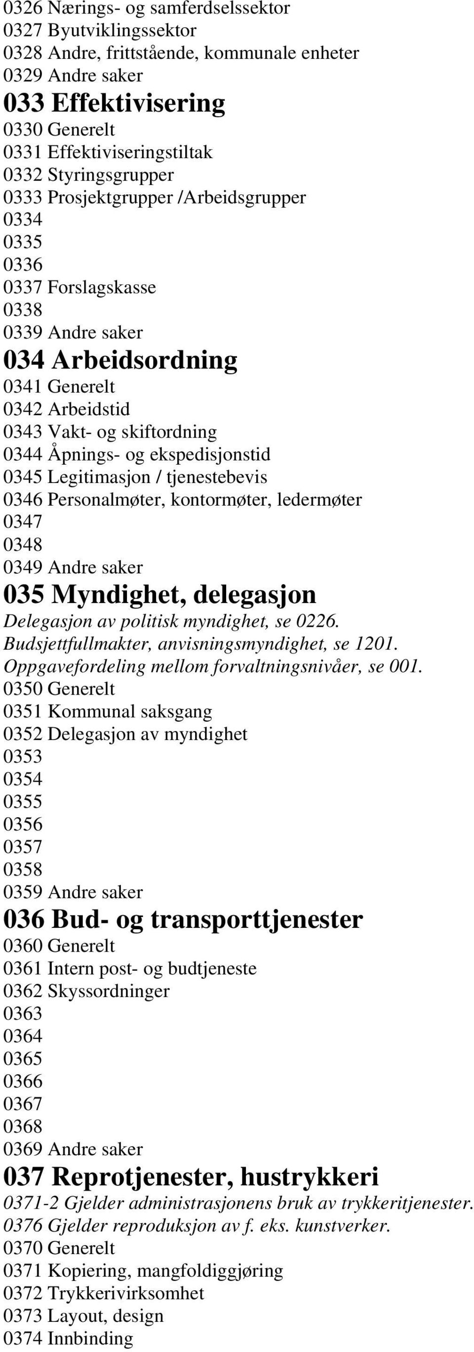 og ekspedisjonstid 0345 Legitimasjon / tjenestebevis 0346 Personalmøter, kontormøter, ledermøter 0347 0348 0349 Andre saker 035 Myndighet, delegasjon Delegasjon av politisk myndighet, se 0226.