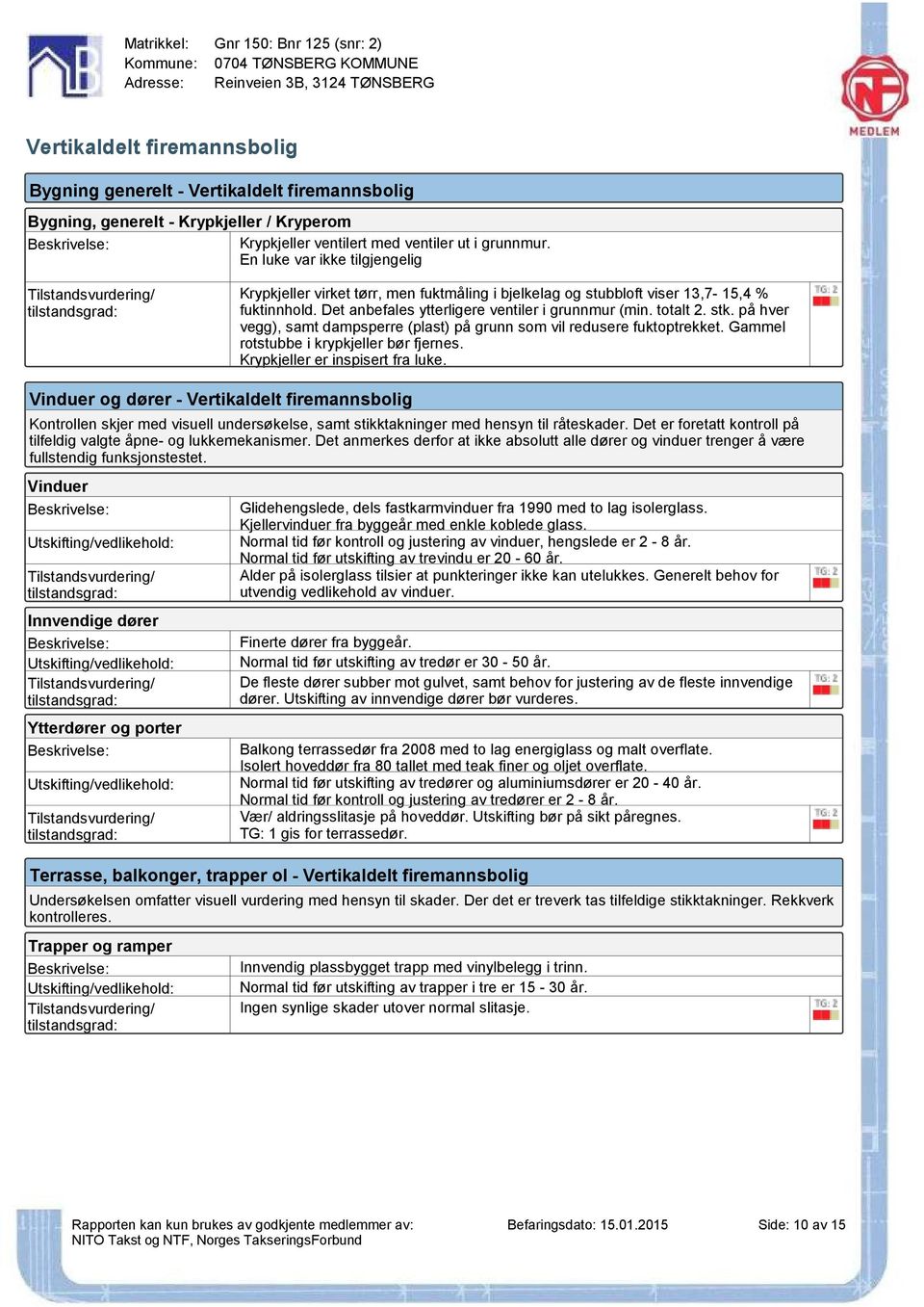 En luke var ikke tilgjengelig Tilstandsvurdering/ Krypkjeller virket tørr, men fuktmåling i bjelkelag og stubbloft viser 13,7-15,4 % fuktinnhold. Det anbefales ytterligere ventiler i grunnmur (min.