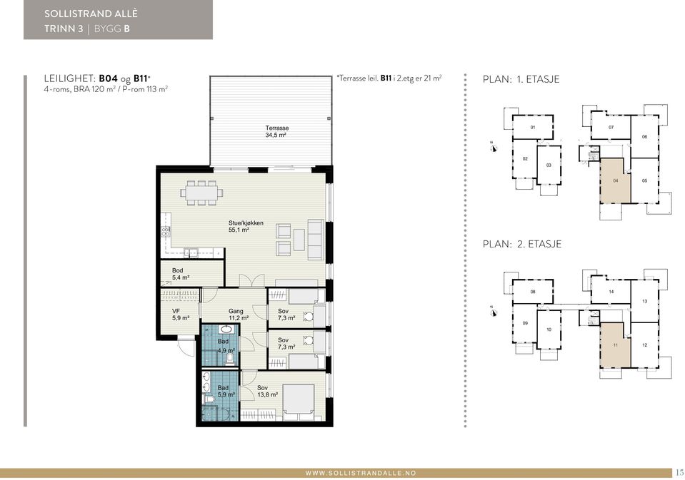 EDRIGE GJELDER FILAV TEGE 13-128 SOLLISTRAD B3_prospekttegn KL SOLLISTRAD ALLÈ TRI 3 BYGG B LEILIGHET: B04 og B11* 4-roms, BRA 120 m 2 / P-rom 113 m 2 *Terrasse leil. B11 i 2.etg er 21 m 2 PLA: 1.