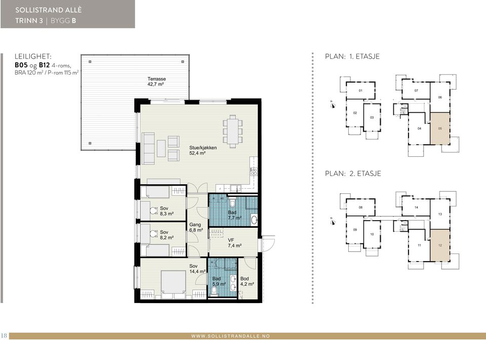 EDRIGE GJELDER FILAV TEGET 13-128 SOLLISTRAD B3_prospekttegninger KL SOLLISTRAD ALLÈ TRI 3 BYGG B LEILIGHET: B05 og B12 4-roms, BRA 120 m 2 / P-rom 115 m 2 Terrasse 42,7 m² PLA: 1.