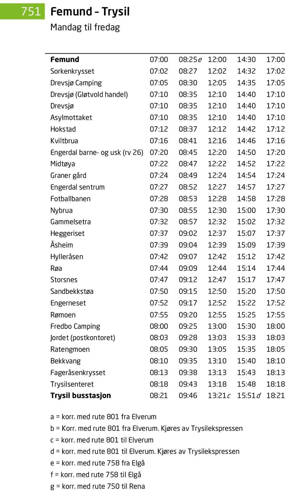 14:46 17:16 Engerdal barne- og usk (rv 26) 07:20 08:45 12:20 14:50 17:20 Midtøya 07:22 08:47 12:22 14:52 17:22 Graner gård 07:24 08:49 12:24 14:54 17:24 Engerdal sentrum 07:27 08:52 12:27 14:57 17:27