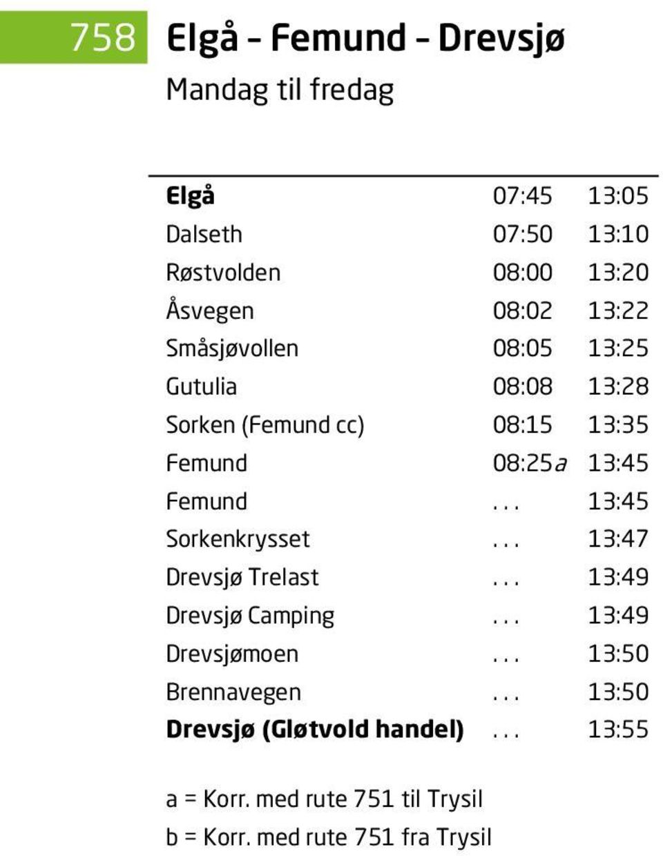 08:25a 13:45 Femund... 13:45 Sorkenkrysset... 13:47 Drevsjø Trelast... 13:49 Drevsjø Camping... 13:49 Drevsjømoen.